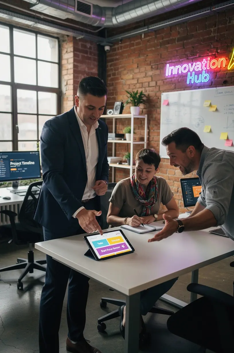 Echipa de specialiști analizând metode eficiente de organizare a sarcinilor zilnice